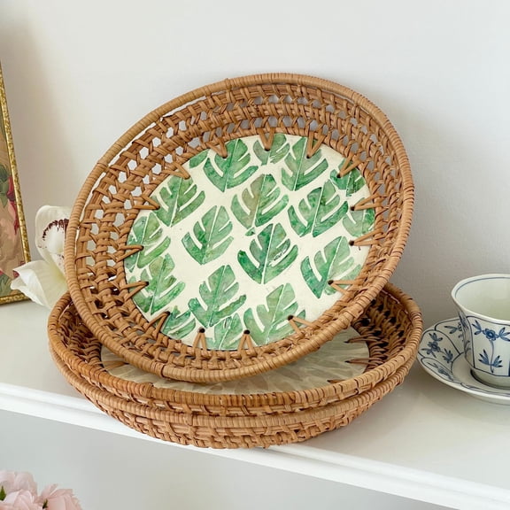 Hand-Woven Round Rattan Serving Tray Decorative Ottoman Wicker Platter with Handles for Coffee Table, Breakfast, Drinks, Snack, Bread, Fruit, Vegetables