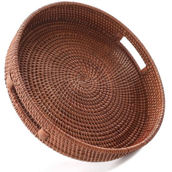 Hand-Woven Round Rattan Serving Tray Decorative Wicker Trays with Handles for Coffee Table