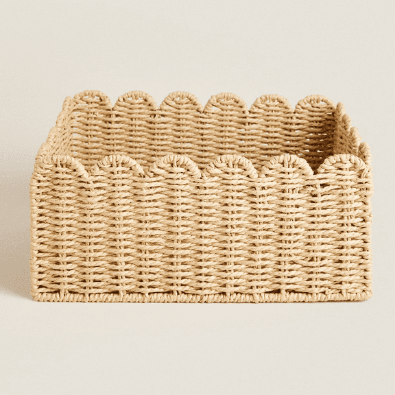 Hand-Woven Scalloped Basket, Paper Rope Storage Basket for Home Organization, Khaki Decorative Shelf Bin for Clothes, Toys, Sundries, Desktop, 9.45 x 9.45 x 5.51 in / 24 x 24 x 14 cm