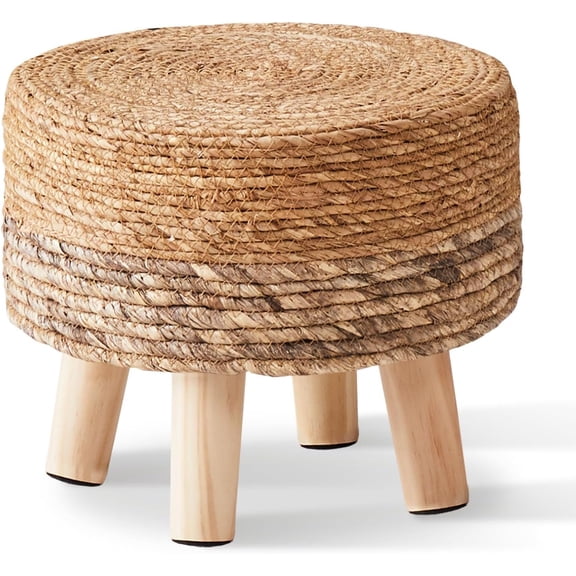Hand Woven Sea Grass Pouf Ottoman, Round Natural Brown Foot Stool for Sofa & Desk, Padded Seagrass Step Stool, Decorative Outdoor Indoor Pouf for Living Room & Balcony