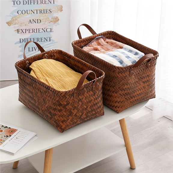 Hand-Woven Storage Basket, Large Capacity Rectangular Organizer Bin • Leather Handles • Herringbone Weave • Ventilated, Water-Resistant • Home Storage Shelf Closet Bedroom Living Room