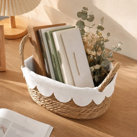 Hand Woven Storage Basket with Scalloped Liner Double Handles Rectangular Straw Organizer Bin for Home Decor, Cottage Bedroom Bathroom Living Room Organizing, 10.6 x 8.3 x 4.7 Inches