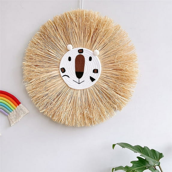 Hand-Woven Straw Cartoon Lion Tiger Wall Hanging Tapestry Weaving Art Craft Home Decoration
