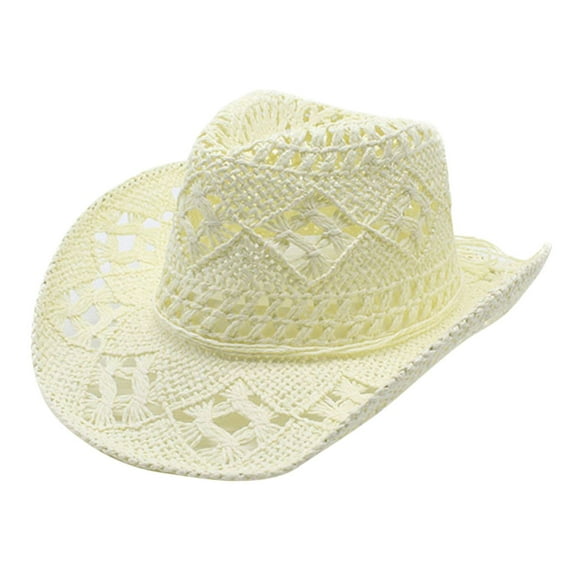 Hand Woven Straw Cowboy Hat, Wide Brim Bohemian Sun Hat for Women, Beach, Music Festival, and Outdoor Summer Activities-Yellow