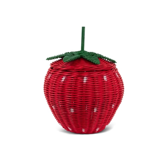 G6 Collection Hand Woven Strawberry Rattan Storage Basket with Lid Decorative Bin Home Decor Shelf Organizer Cute Handmade Handcrafted Gift Art Decoration Wicker Size: Medium - 10" tall x 8" Diameter
