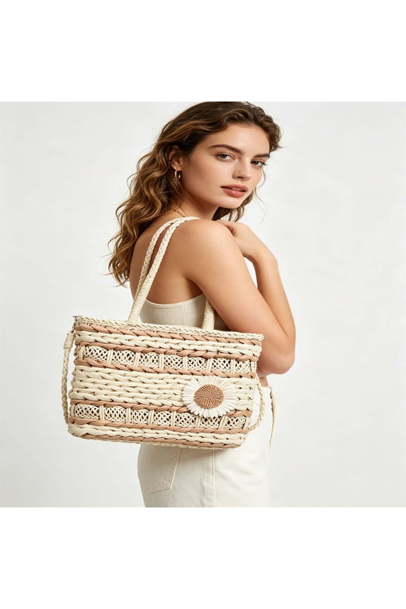 Hand Woven Sunflower Straw Tote Bag with Detachable Crossbody Strap Large Hollow Weave Shoulder Purse for Beach Vacation Travel