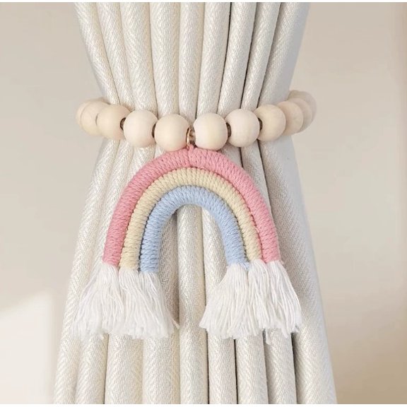 Hand-Woven Three-Color Rainbow Curtain Tie Backs with Tassels No Tools Needed Adjustable Drape Holder for Living Room Bedroom Window Valance