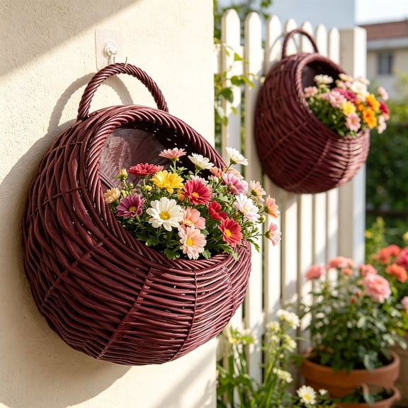 Hand Woven Wall Mounted Flower Baskets for Garden Patio Decor, Hanging Storage Baskets for Kitchen Organizer, Natural Rattan Wall Planter for Herbs and Small Plants