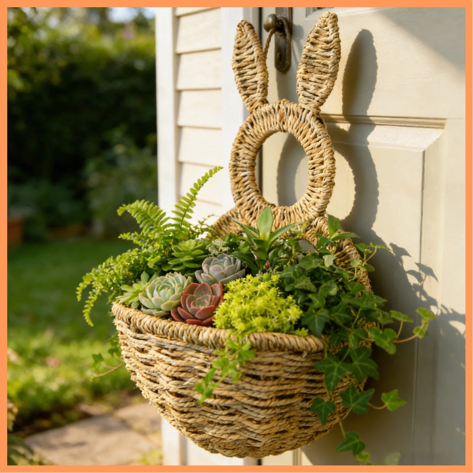 Hand Woven Wicker Bunny Wall Pocket & Planter - 15.75 Inch Easter Door Hanging Decor, Farmhouse Wall Basket for Flowers, Eggs, Spring Greenery, Easter Decoration