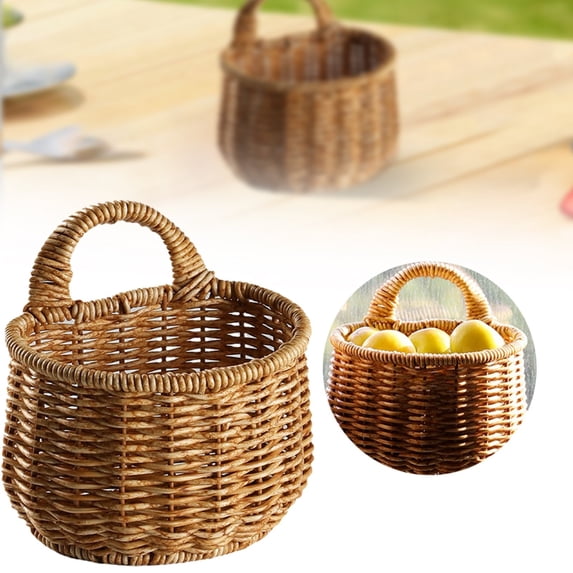 Hand Woven Wicker Hanging Storage Basket, Wall Mounted Organizer Bin, Multi Purpose Household Storage Holder, Portable Handle Design Space Saving Home Decor Basket, Closet Sundry Sorting Bin,Z1#Gold