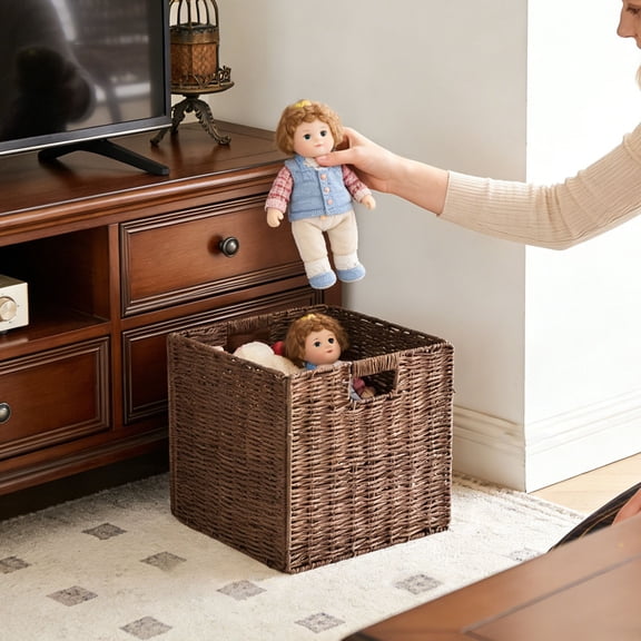 Hand Woven Wicker Storage Basket, Foldable Cube Organizer Bin with Side Handles, Sustainable Paper Rope Basket for Shelf Pantry Bedroom and Home Organization(Brown,25CM)