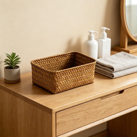 Hand-Woven Wicker Storage Basket, Natural Style Desktop Clutter Organizer and Entryway Sundries Storage Box, Yellow Faux Fur Wicker, 1-Pack
