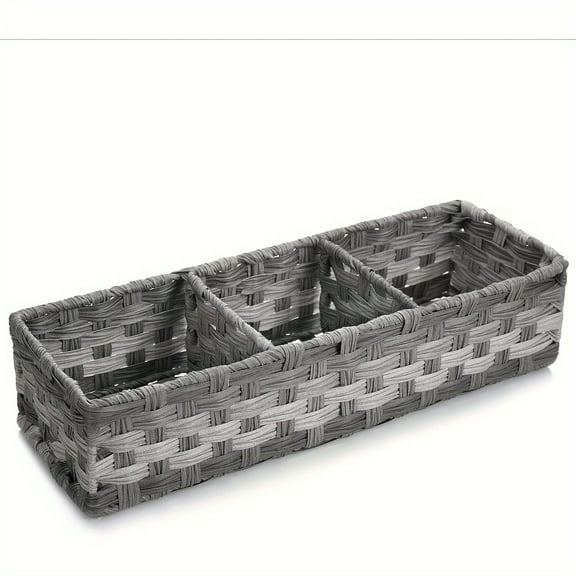 Hand-Woven Wicker-Style Plastic Basket Organizer with Three Compartments, Freestanding Polished Finish, Rustic Farmhouse Bathroom Countertop Storage, Lightweight and Durable without Power Supply