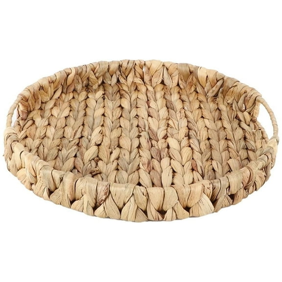 Hand Woven Wicker Tray,Round Tabletop Storage Baskets,Natural Water Hyacinth Serving Tray,Countertop Fruit Baskets,Home Decorative Tray,for Breakfast Snacks Sundries Organizer 13Inch