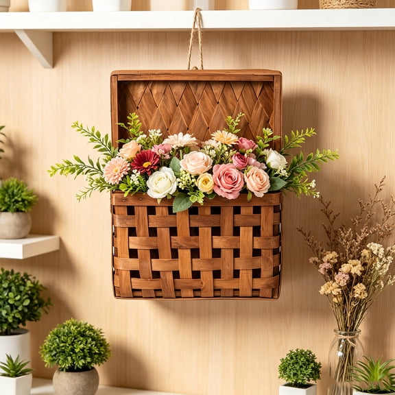 Hand Woven Wood Wall Basket, Farmhouse Wall Hanging Organizer, Rustic Storage Decor, Woven Bark Basket for Mail & Keys, Country Home Wall Decor for Entryway​