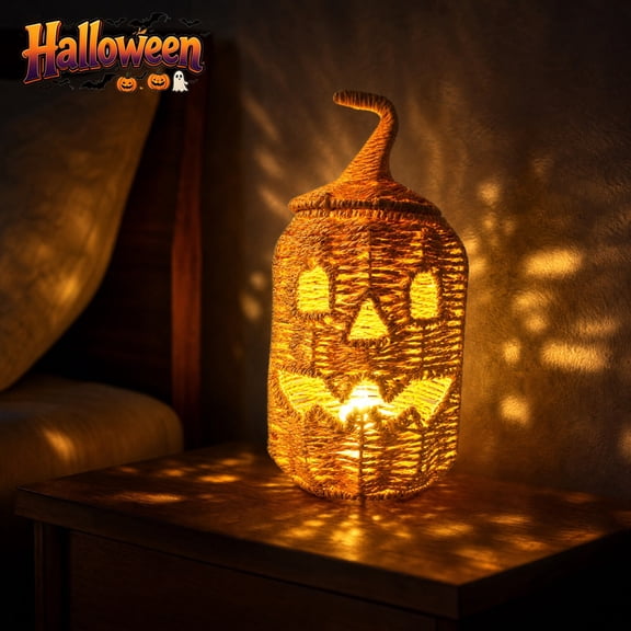 Hand Woven Yellow Jack O Lantern Pumpkin Decor, Hollow Face Light Up Storage Pumpkin Basket, Plastic Weave Halloween Ornament, Indoor Outdoor Mantel Table Entryway Fall Party Candy Holder Centerpiece