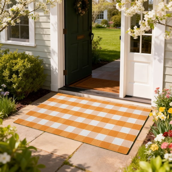 Hand Woven Yellow White Plaid Doormat for Front Door, Cotton Blend Layered Entryway Rug, Washable Porch Mat for Farmhouse Home Decor, Indoor Outdoor Floor Cover