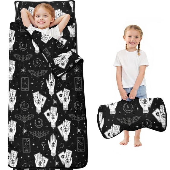 Hand and Bat Gothic Pattern Teens Toddler Nap Mat with Pillow, Sleeping Mat Bag for Preschool Daycare 59"x22"