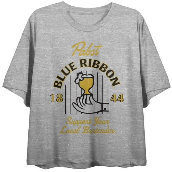 Hand and Beer Support Your Local Bartender 1844 PBR Women's Athletic Heather Gray Crop Top-XS