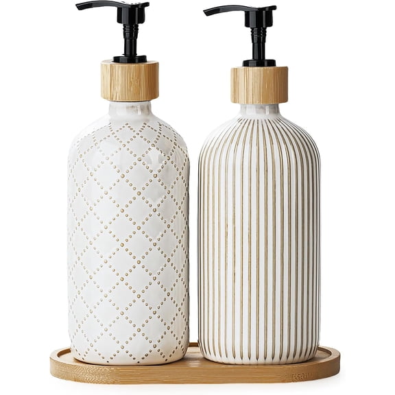 Hand and Dish Soap Dispenser Set, Ceramic Soap Dispenser for Bathroom and Kitchen with Rust Proof Pump and Tray, Set of 2 (Black Pump)