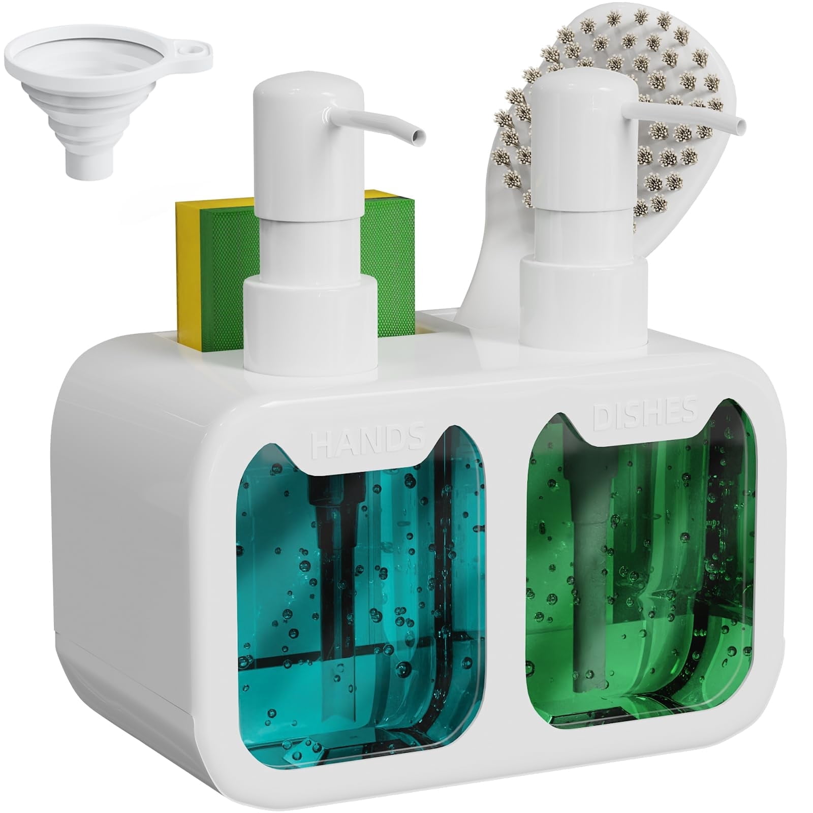 Hand and Dish Soap Dispenser  Set with Sponge Holder for Kitchen Sink Bathroom Counter top Storage and Organization (White)