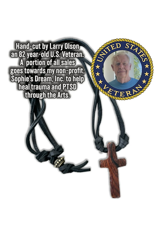 Hand-carved Cocobolo Wooden Cross, Made by 82 year old US Veteran,One-of-a-Kind,Deerskin Leather Necklace,Old Rugged Cross,Christian,Cross