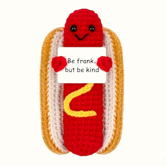 Hand-crochet hot dog dolls with inspiring messages - cute red and yellow emotional support plush toys, fun gifts for friends and family, perfect for festivals, parties and cheer decorations