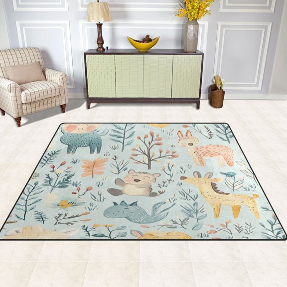 Hand-drawn Animal Pattern 63''x48'' Plush Memory Foam Bath Mat, Soft, Absorbent, Non Slip, Durable