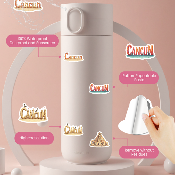 Hand - drawn Cancun Theme Stickers, Waterproof Cancun Theme Sticker for Water Bottle Laptop Phone Cases Planner Skateboard Luggage Helmet Party Favor Decor, Ideal for Adults Teens Teacher Rewards