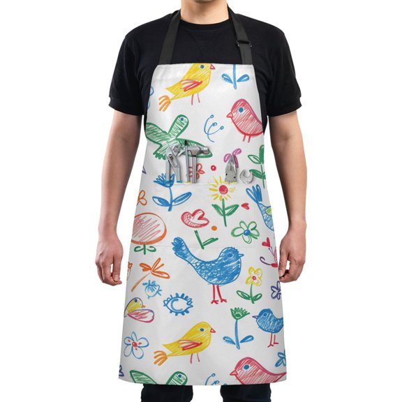 Hand-drawn Chicken Flower Bird Kitchen Apron with 2 Pockets Adjustable waterproof Cooking Aprons for Women Men Chef