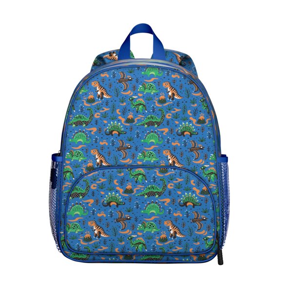 Hand-drawn Dinosaur Student Backpack – Artistic Baby Dino Pattern with Watercolor Forest, Planets, Roaring Scene, and Cute Cartoon Dino
