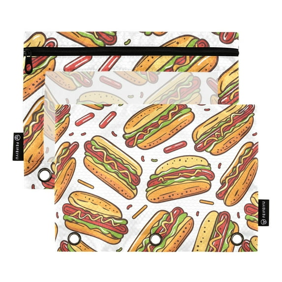 Hand-drawn Hot Dog 2 Pack Pencil Pouch for 3 Ring Binder Smooth Zipper Folders with Pockets Clear Window Pencil Case