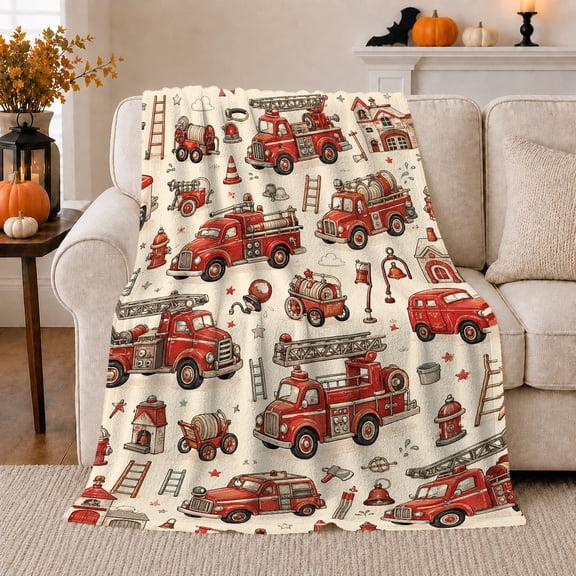 Hand drawn fire truck Flannel Blanket warm rescue station artwork Home Decor for couch bedroom camper reading corner, Father's Day Gift for firefighters and kids