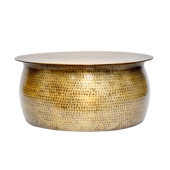 Cresta Modern Hand-Hammered Antique Brass Coffee Table, Round Drum Accent Table, Metal Center Table for Living Room, Indoor Outdoor