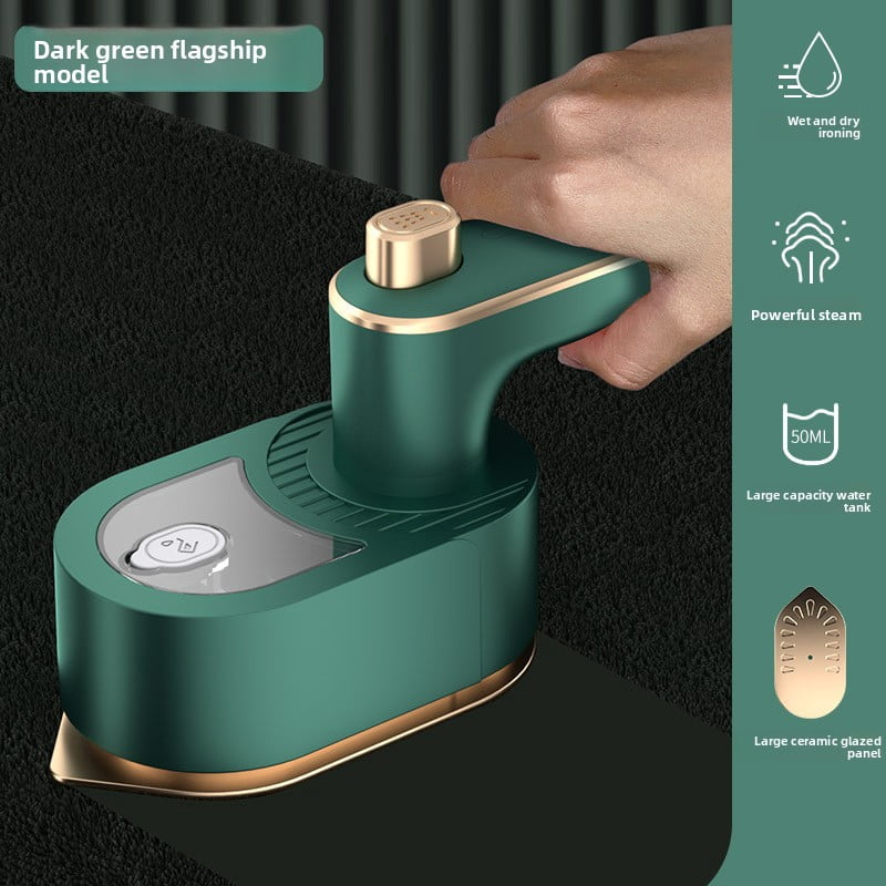 Hand-held iron, wet and dry, fast steam outlet, foldable design, with base, suitable for clothes wrinkle removal and styling.
