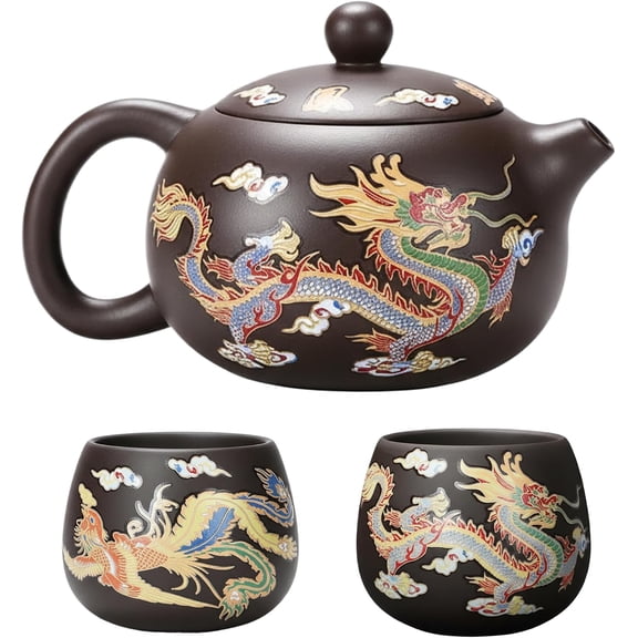 Hand-made Dragon and Phoenix Color-changing Purple Clay Teapot: Zisha Tea Pot Chinese Kung Fu Tea Set with Gift Box,Tea Lovers Gift (Teapot+2*Cups)
