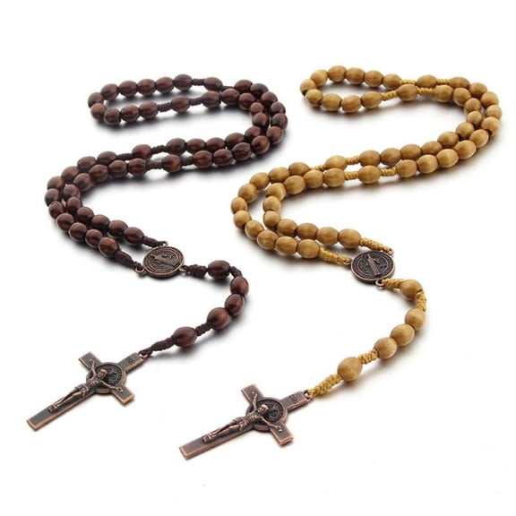 ✪ Hand-made Wooden Rosary Necklaces Round Beads Cross Christian Religious Jewelry