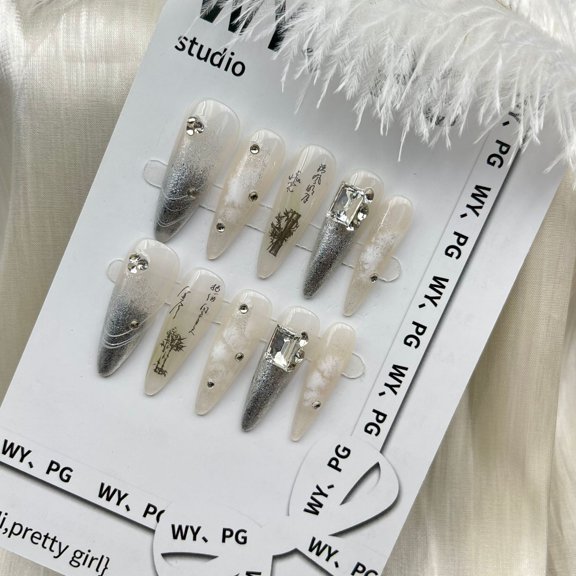 Hand-made nail art pieces, smudged diamonds, advanced false nails,  press on nails