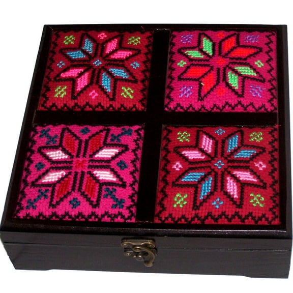 Hand made wooden box made with embroidered top - Extra Large ( 24 x 24 x 7.5 cm or 9.5 x 9.5 x 3 inches )