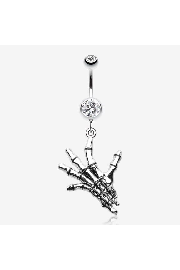 Hand of Death Skeleton Belly Button Ring-Clear Gem
