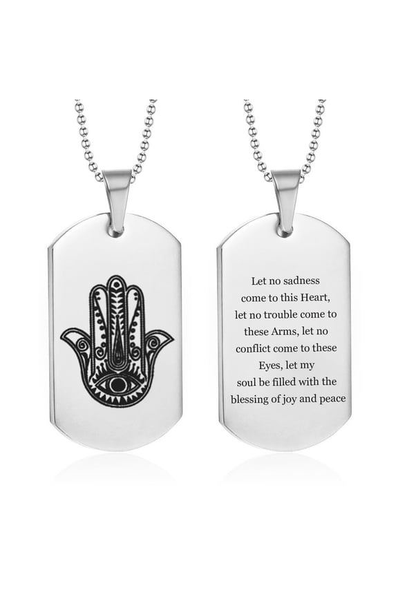 Hand of Hamsa Necklace for Men Women,Stainless Steel Hamsa Prayer Dog Tag Evil Eye Hamsa Hand Pendant Necklace Amulet Jewelry Gift
