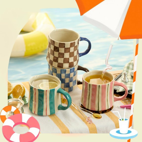 Hand-painted Ceramic Coffee Mugs Striped and Checkered-4Pack 16oz Large Capacity