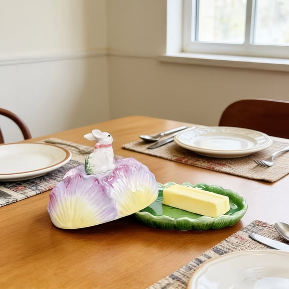 Hand-painted Ceramic Rabbit Butter Dish with Lid - Pansy Cream Decorative Box for Kitchen and Dining Table