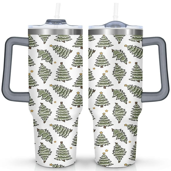 Hand-painted Christmas Evergreen Tree 40 Oz Tumbler with Handle Lid and Straw Stainless Steel Double Walled Vacuum Insulated Cup Merry Christmas Gifts Tumbler for Women Men Friends Outdoor Indoor