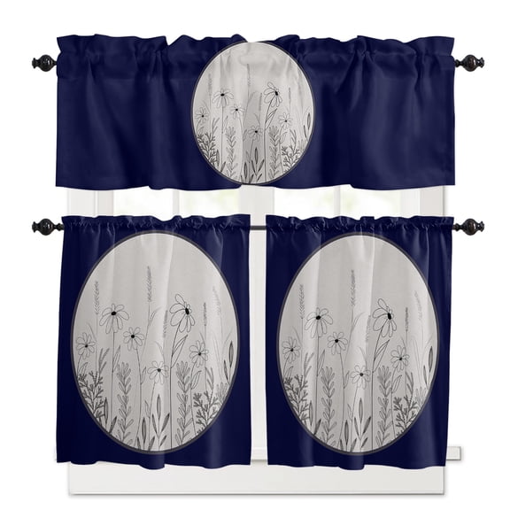 Hand-painted Flowers Kitchen Curtains Valances and Tiers Set of 3, 36 Inch Length Tier Curtains and Valance Rod Pocket Valance Curtains Set for Kitchen Bathroom Small Windows