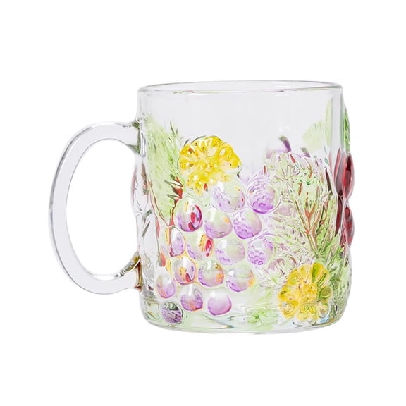 Hand-painted Grape Glass Coffee Mug with Handle, 500ml Hand-blown Embossed Drinking Glass