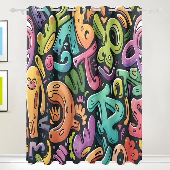 Hand -painted Letters Black Out Curtains 84 Inch Length Curtains for Sliding Glass Doors Bedroom Living Room 2 Pack
