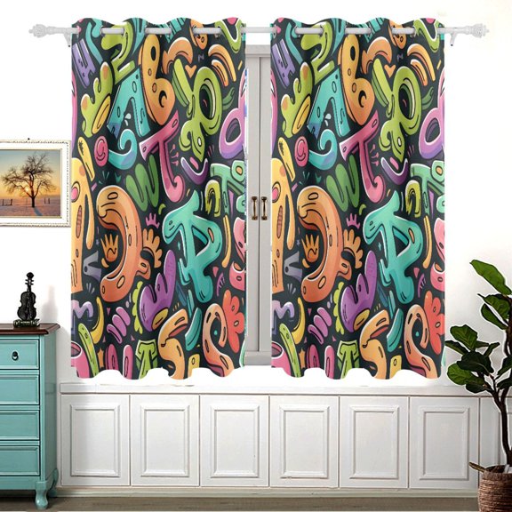 Hand -painted Letters Black Out Curtains Aesthetic for Bedroom Living Room Sliding Glass Doors Kitchen Windows 2 panels set