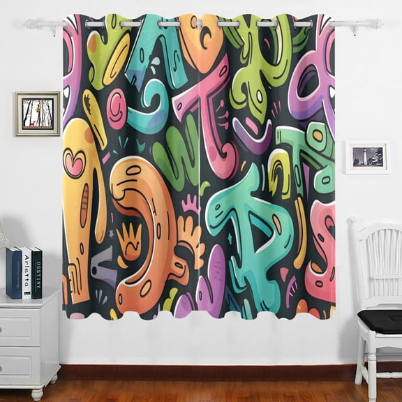 Hand -painted Letters Curtains Black Out 63 Inch Length Curtains for Sliding Glass Doors Bedroom Living Room 2 Panels Set