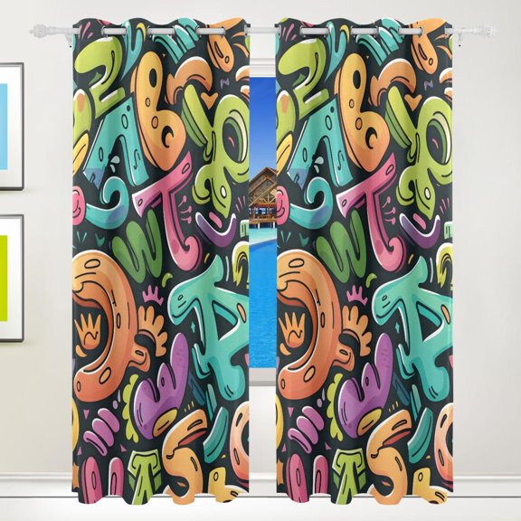 Hand -painted Letters Curtains Black Out 72 Inch Length Curtains for Sliding Glass Doors Bedroom Living Room 2 Pack